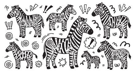 Obraz premium Black and white hand-drawn doodles of zebras with various patterns and expressive motion lines.
