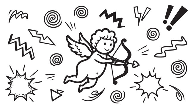 A whimsical black and white drawing of a cherubic winged figure with a bow and arrow, surrounded by dynamic abstract patterns and shapes.