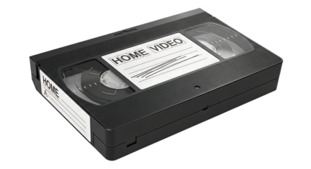 Close up of a black vhs tape with a home video label isolated on a black background in studio shot