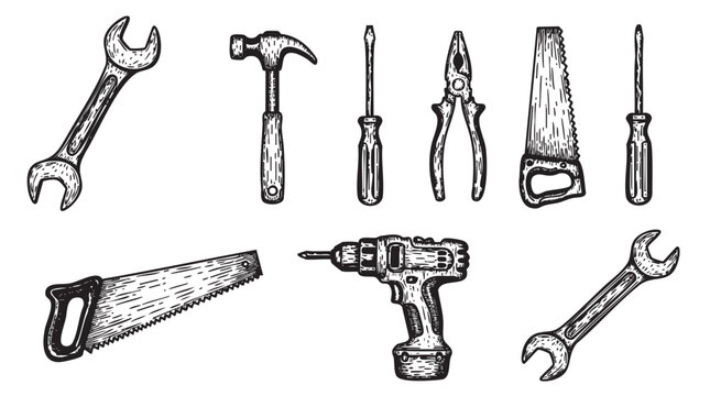 Black and white sketch of various hand tools including a wrench, hammer, screwdriver, pliers, saw, and a power drill.
