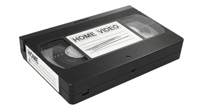 Close up of a black vhs tape with a home video label isolated on a black background in studio shot