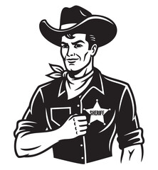 Black and white illustration of a confident male sheriff wearing a cowboy hat, with a badge on his chest, symbolizing authority and law enforcement.