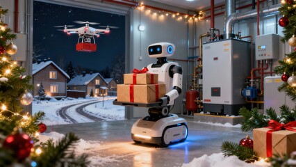 A tracked humanoid robot transports gift boxes while a delivery drone arrives through the doorway into a festively decorated industrial boiler plant with a blurred cottage village background 