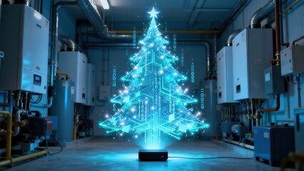 A matte black device projects a large ethereal blue holographic Christmas tree with shimmering data particles inside a modern industrial boiler plant, creating a striking high-tech holiday scene