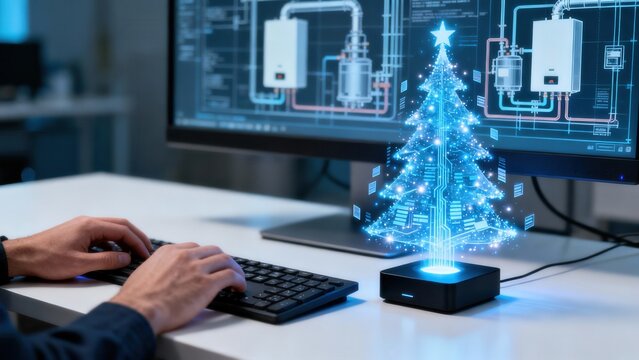 An engineer's hands typing on a keyboard with gas boiler schematics on screen and holographic New Year tree projection, for industrial technology marketing or engineering firm holiday campaigns