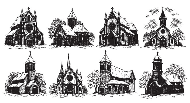 Black and white detailed sketches of various gothic churches with intricate architectural elements and trees nearby.