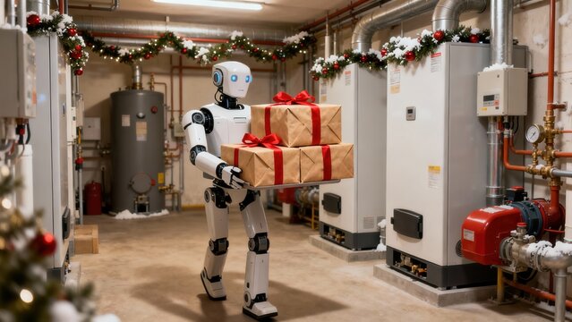A full-length humanoid robot carries three gift boxes wrapped in brown paper with red ribbons through a modern gas boiler plant decorated with Christmas tree and lights 