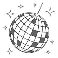 A black and white illustration of a disco ball surrounded by stars