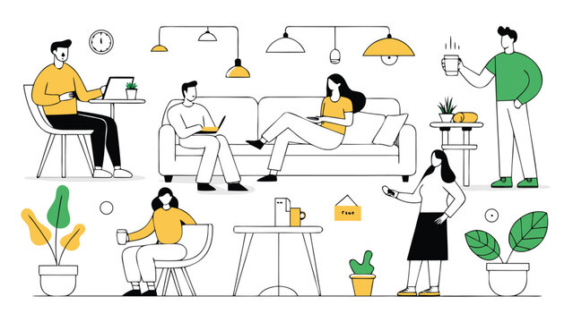 Architectural-themed vector illustration featuring various people engaged in discussions and activities related to design..eps