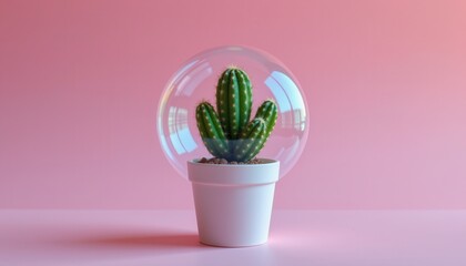 Elegant cactus in glass dome on pastel pink background for modern interior design and home decor inspiration