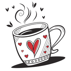 Illustration of a coffee mug with heart decorations, steaming with love