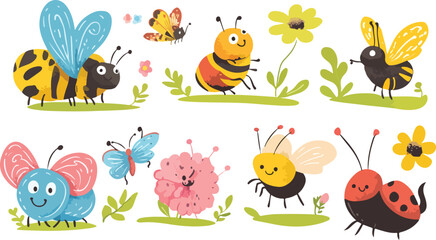 A cute and funny seamless pattern illustration of a set of Easter eggs with cartoon ladybug, bee, and butterfly insects and spring flowers
