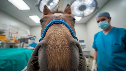 Horse Undergoing Surgery with Veterinarian in Operating Room Under Bright Lights - Powered by Adobe