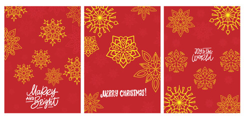 Set of 3 Christmas greeting cards with gold snowflakes, hand lettering quotes, and red backgrounds. Festive winter postcard collection for holiday wishes, invitations, posters, web