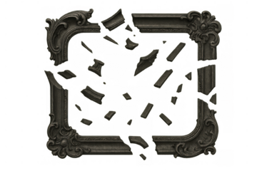 Ornate antique frame shattering into pieces, symbolizing destruction, loss, collapse, and falling apart on transparent background