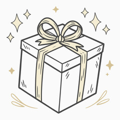Illustration of a wrapped gift box with a ribbon and bow, surrounded by stars