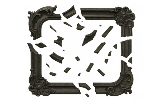 Ornate antique frame shattering into pieces, symbolizing destruction, loss, collapse, and falling apart on transparent background