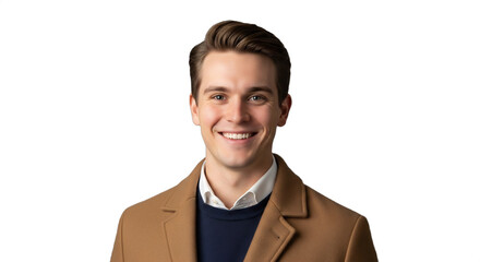 Smiling young Caucasian man, 20s hockey scout in professional wool overcoat, isolated on transparent background. Ideal for business profiles, winter campaigns, sports marketing,