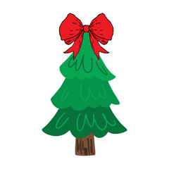 Christmas tree with a large red bow on top. Festive pine vector illustration for holiday decor, winter cards, invitations, kids activities, banners, web, and seasonal design