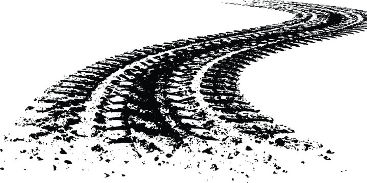 Black tire tracks isolated on white background. Black tire tracks on white, grunge texture, dirt splashes, vector background,