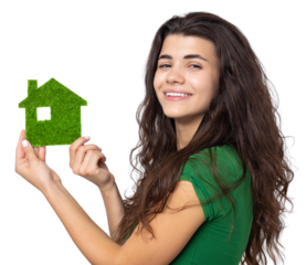 Happy house buyer. A young girl holds a model of a green house in her hands. The concept of green energy, ecology.