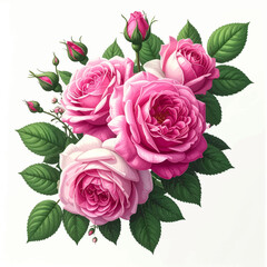 Soft pink roses blooming in lush cluster. Bright rose petals gathered in beauty. Pink bouquet glowing with fresh greens. Romantic roses in vivid floral set. Blooming petals in elegant formation
