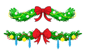 Set of Christmas pine garlands with red bows, baubles, beads, and icicles. Festive borders for winter design, cards, invitations, banners, party decor, web, and New Year projects
