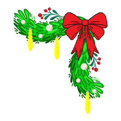 Christmas corner garland with pine branches, red bow, icicles, white baubles, and yellow beads. Festive vector for winter borders, cards, invitations, headers, party decor, website design