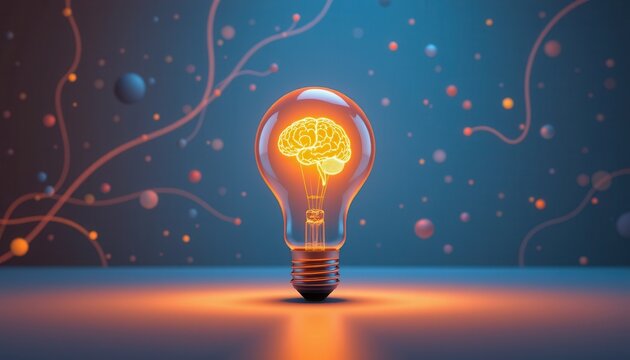 Light Bulb with Brain Design Symbolizing Ideas and Creativity Against a Colorful Abstract Background