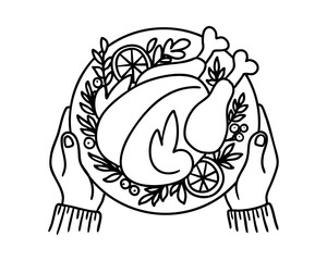 Thanksgiving turkey on plate with oranges and herbs in hands, black outline vector illustration in minimal line art style for holiday feast, autumn dinner or festive food design concept