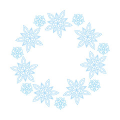 Vector wreath frame made of blue snowflakes in a circle. Minimal winter border for Christmas cards, invitations, posters, festive decor, design template, and New Year projects
