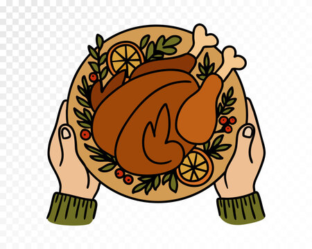 Thanksgiving roasted turkey on plate with orange slices and herbs in hands, festive vector illustration in cozy autumn style for holiday dinner, family feast or seasonal celebration design