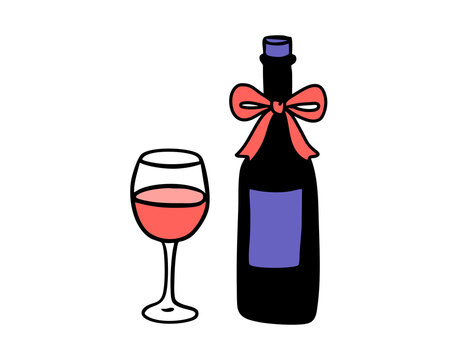 Wine bottle with red bow and glass of rose wine, elegant festive vector illustration in minimal doodle style for celebration, holiday design, party decor or restaurant menu artwork