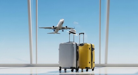 Travelers' luggage awaits as a jet airplane ascends into the bright sky, symbolizing journey and departure