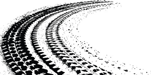 Black tire tracks isolated on white background. Black tire tracks on white, grunge texture, dirt splashes, vector background,