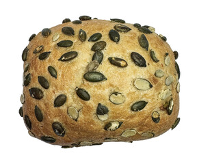 Freshly baked pumpkin seed bread roll. Healthy wholegrain bun for a nutritious breakfast. Artisan bakery product isolated for culinary content. Wholesome food and diet concept