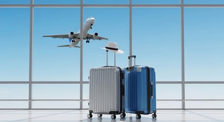 Travel and vacation concept with luggage, hat and airplane taking off in the sky