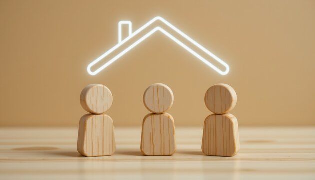 Wooden figures under a house outline representing community support and housing connection concept