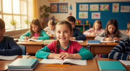 Smiling in the classroom: A cheerful young girl beams at the viewer, seated at her desk in a sunlit classroom, surrounded by focused classmates. Capturing the spirit of learning, curiosity.