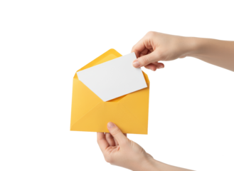 Unveiling the Message: Hands tenderly retrieve a pristine card from a cheerful yellow envelope, hinting at a hidden message or sentiment within.