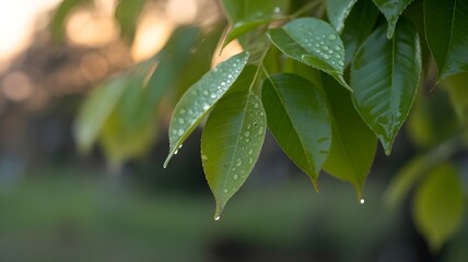 Green Leaves with Rain Droplets Close-Up