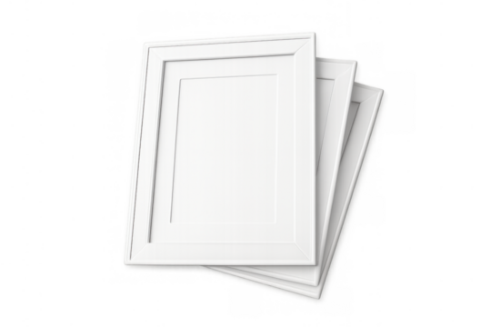 White empty picture frames stacked, creating a blank mockup template for displaying media, transparent background