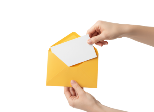 Unveiling the Message: Hands tenderly retrieve a pristine card from a cheerful yellow envelope, hinting at a hidden message or sentiment within.