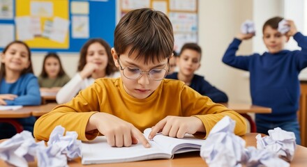 Young student wearing glasses intensely reads a book at a desk surrounded by crumpled paper balls in a classroom