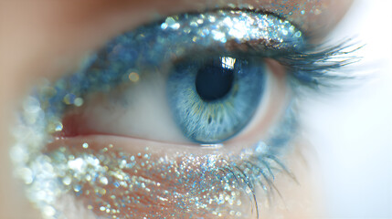 Close-up of a vibrant blue eye adorned with sparkling, iridescent glitter makeup.