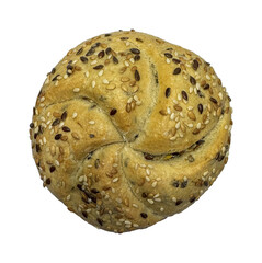 Artisan seeded bread roll isolated on white. Multigrain bun with sesame and flax seeds. Healthy carbohydrate food for breakfast or lunch. Culinary ingredient for sandwiches
