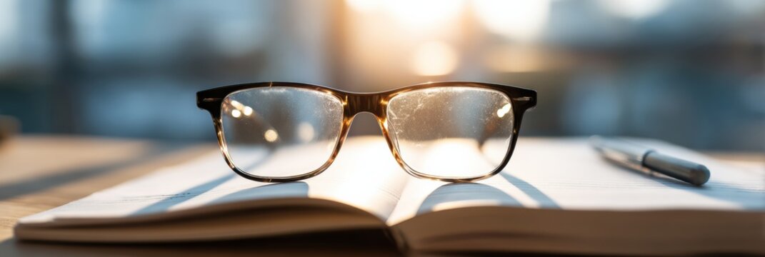 Eyeglasses Resting on an Open Notebook in Soft Natural Light During Study Time at a Cozy Workspace