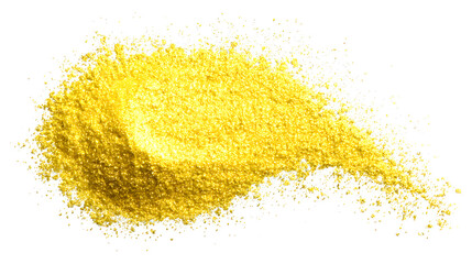 Vibrant yellow powder scattered on a clean white background, suggesting ingredients or pigments.