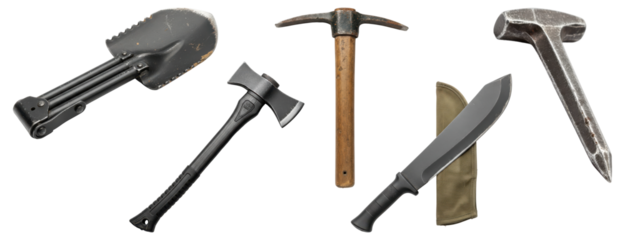 Set of military pioneer, camping, and survival tools
