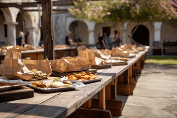 Monastery Courtyard Community Relief Buffet With Pizzas Fried Chicken And Burgers On Trestle Tables, Warm Afternoon Shade And Garden Bokeh